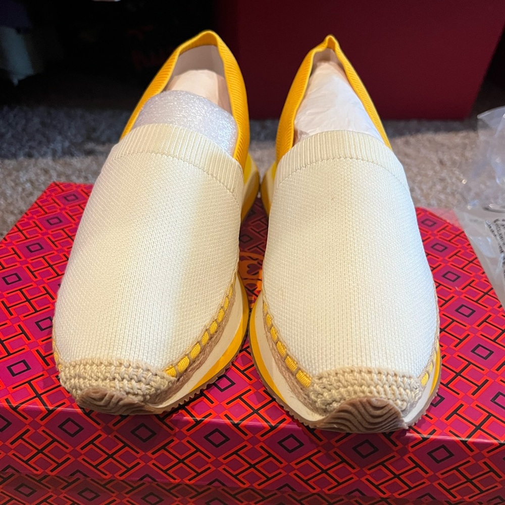 Tory Burch Cream and Yellow Slip-On Espadrille Sneakers